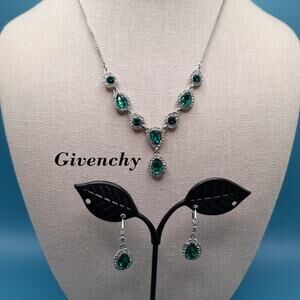 Givenchy Necklace & Earrings Set – Silver Tone Emerald Green Crystal Jewelry